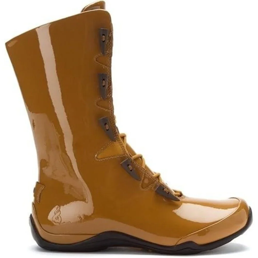 Ahnu Womens Patent Leather Boots Shoes Brown Side Zip Lace Up Size 9